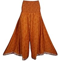 Mogul Interior Womens Maxi Skirt Gypsy Vintage Recycled Silk Sari Smocked High Waist Boho Flare Divided Long Skirt S/M