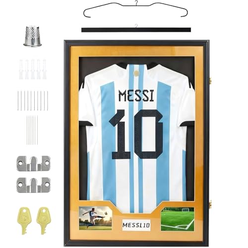 Homodoskey Jersey Frame Display Case, Large Clear Acrylic Shadow Box with UV Protection for Basketball Football Hockey shirts, Wall Mount Wooden Showcase for Sports fans (Golden)