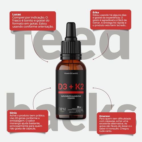 Vitamina D3 K2 em Gotas Sublingual 30mL ELLYM NUTRITION 2000 UI D3 + 120 mcg K2 Mk7 Sabor Morango Fortaleciomento Ósseo e Muscular