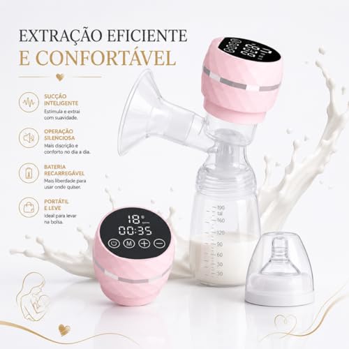 Bomba Tira Leite Elétrica Portátil, Recarregável USB-C, 9 Níveis de Sucção, Modo de Massagem, Livre de BPA, Inclui Mamadeira
