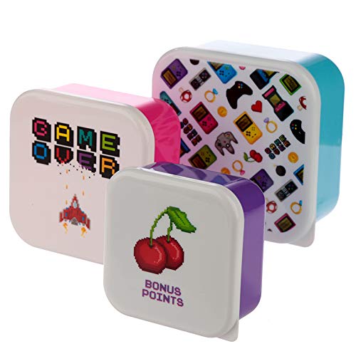 Puckator Game Over Reusable Lidded Snack Pot Lunch Box Set of 3, BPA Free PVC, Work School Travel Home, Large 5.5x11.5x11.5cm Medium 4.5x10x19cm Small 4x8.5x8.5cm