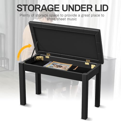 Wooden Piano Bench with Padded Cushion, Duet Piano Chair with Seat Storage Compartment, Piano Stool Seat for Music Books, Black 73 * 32 * 45Cm