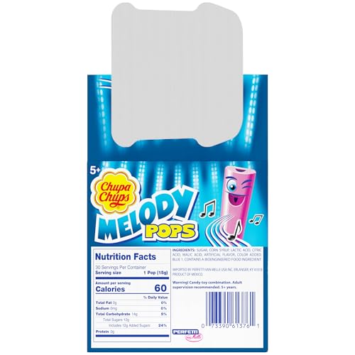 CHUPA CHUPS MELODY POP, ASSORTED FLAVORS, WHISTLE LOLLIPOPS, INDIVIDUALLY WRAPPED CANDY, 30 COUNT SHOWBOX CASE