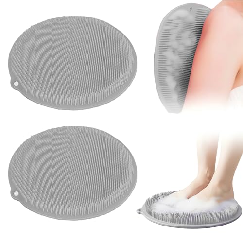 Merleu 2 Pack Shower Foot Scrubber & Shower Back Scrubber Wall Mounted with Delicate Brush,Gentle Exfoliation Silicone Foot Scrubber for Shower,Non-Slip Back Washer for Shower(Grey and Grey)