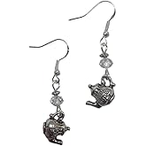 Teapot Earrings with clear faceted crystal accent beads, on sterling silver earwires