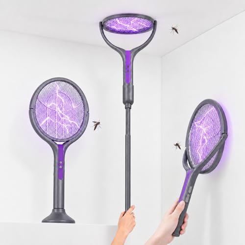 Electric Fly Swatter, Rotating Head Bug Zapper, Dual Modes Mosquito Killer with Purple Mosquito Light Rechargeable for Indoor Home Patio Camp Office, Telescopic Extension