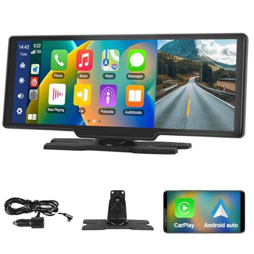 Podofo 10.26 Inch Portable Car Stereo with A-pple Carplay Android Auto Wireless, Touch Screen 7-32V, Voice Assistant Rear Camera/Bluetooth/FM Transmitter/AUX/TF Card
