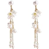 Peasimy Long Tassel Pearl Bell Flower Stud Earrings Vintage Floral Dangling Drop Earrings for Women Statement Jewelry