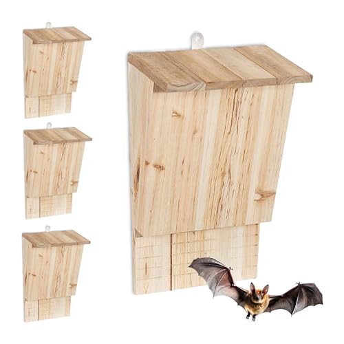 Relaxdays Bat Box 4-Pack, Weatherproof, Pine Wood, Bat Shelter, HxWxD: 34x22.5x13cm, Natural