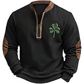 Hutianyue St Patricks Day Sweatshirt For Mens Vintage Print Long Sleeve V-Neck Quarter Zip Pullover Shirts For Men Winter