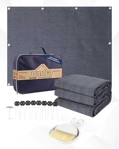 FoundGo Vorzeltteppich mit Ösen [280g/m² HDPE] Camping Teppich Outdoor Vorzeltboden inkl. Tragetasche Stahlnägel & Kleiner Besen Blau/Grau 250x500cm