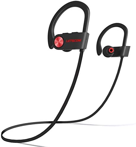 LETSCOM Bluetooth Headphones V5.0 IPX7 Waterproof, Wireless Sport Earphones, HiFi Bass Stereo Sweatproof Earbuds W/Mic, Noise Cancelling Headset for Workout, Running, Gym, 8 Hours Play time