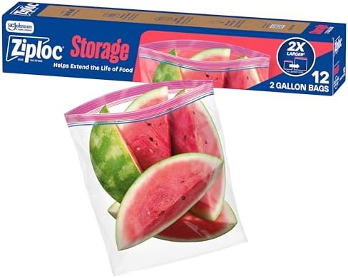 Ziploc 2 Gallon Food Storage Bags, Stand-Up Bottom, Easy to Fill, 12 Bags Total