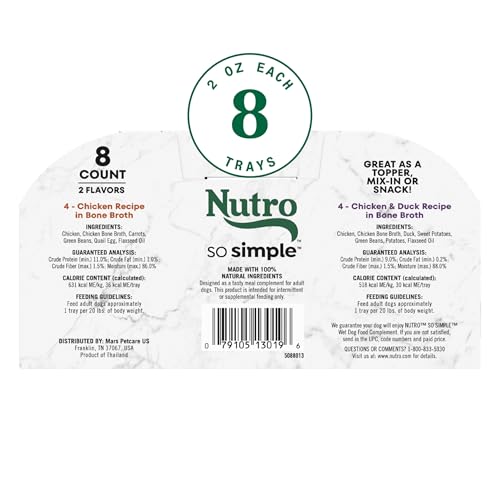 NUTRO SO SIMPLE WET DOG MEAL COMPLEMENT CHICKEN AND CHICKEN & DUCK RECIPES IN BONE BROTH, 2 OZ TRAYS, VARIETY PACK (8 COUNT, PACK OF 1)
