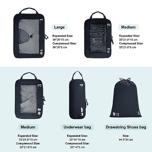 ECOHUB 5 Set Compression Packing Cubes for Suitcase, Tear-resistant Travel Organizer Sets with Shoes Bag, Luggage Packing Organizer, Vacation Travel Essentials & Travel Accessories for Men(Dark Blue)