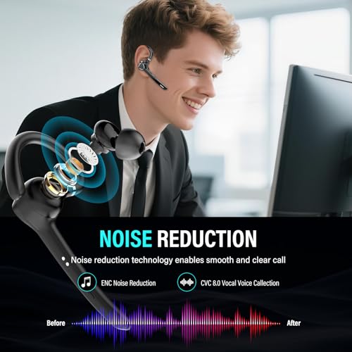 Bluetooth Headset with APTX HD Audio, Wireless Hands-Free Earpiece with CVC 8.0/ENC Dual Mic, Mute Button & Dual Device Connection, 90H Playtime Single-Ear Headphone for Trucker, Business, Black
