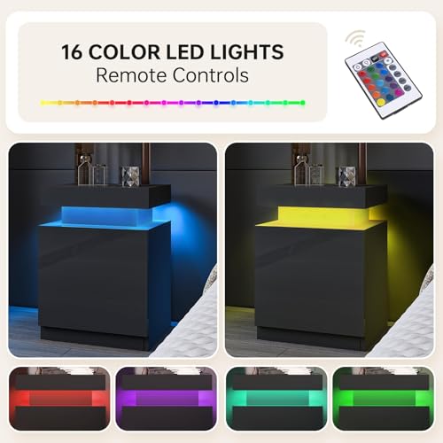 SiliBamb Nightstand Set of 2 with LED Lights, Night Stand with Storage Cabinet for Bedroom, Bedside Table with LED, Black
