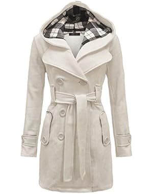 Women's Military Button Hooded Fleece Belted Jacket