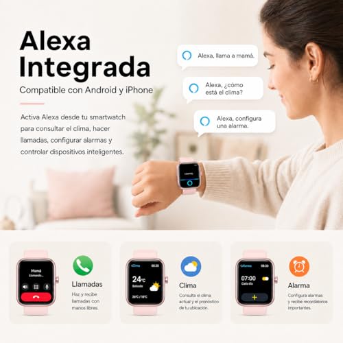 EASYTAO Reloj Inteligente, Smartwatch Mujer, Llamadas por Bluetooth, Monitorización del sueño, con el Asistente de Voz Alexa, Monitoreo de Salud Las 24 Horas, Impermeable IP68, Rosa