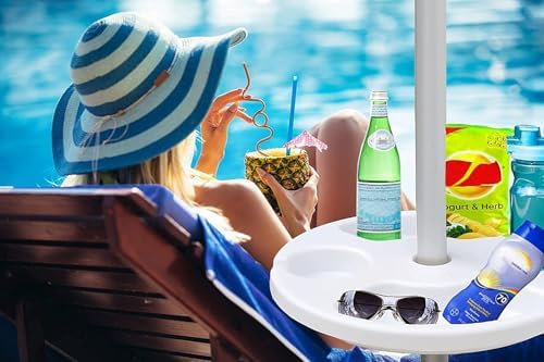 Plateau de Parasol de Plage de 33 cm pour Plage, terrasse, Jardin, Piscine avec Porte-gobelets, Compartiments à collation, Blanc