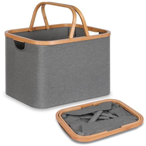 efluky 43L Foldable Laundry Basket, Laundry Baskets with Handles, Versatile Collapsible Washing Basket, Grey Small Laundry Hamper for Toys, Blankets and Clothes, Shopping Bag