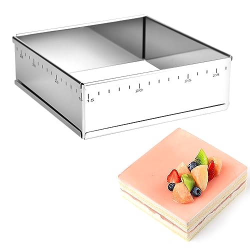 Guowall Adjustable Square Mousse Cake Mould, Stainless Steel Expandable Rectangular Baking Frame for Mousse Cakes, Tiramisu, 15 to 28 cm