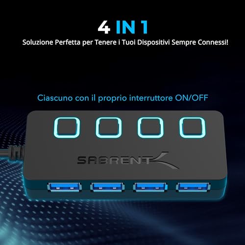 SABRENT USB 3.2 Gen 1 Hub, USB Multi Socket Socket, USB Splitter, 4 Ports with Single ON/OFF Switches and LED Indicator Lights for PS4/PS5, Gaming PC, Laptop, USB Flash Drive, Printer, MacBook (HB-UM43)