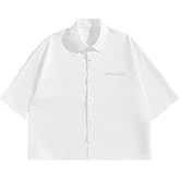 GORGLITTER Men's Striped Button Down Up Cropped T Shirt Short Sleeve Letter Summer Vacation Shirts Boxy Tees Streetwear