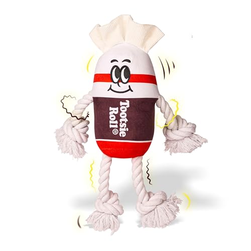 Tootsie Candy Man Plush Dog Toy – Squeaky & Crinkle Chew Toy – Plush with Rope…