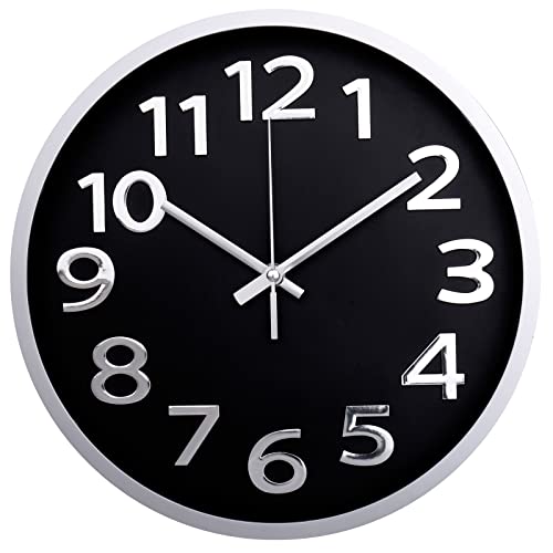Crosstime Wall Clock Big Numbers Easy to Read Wall Clocks Battery Operated Silent Non-Ticking Quartz Sweep Round Clock for Bedroom School Office Bathroom (12 Inch Silver & Black)