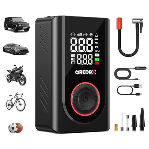 Grepro Elektrische Luftpumpe, 150 Psi Mini Tragbare Akku Kompressor, 12V Dc Fahrradpumpe Mit Digitale Doppelt-Wertanzeige,5000Mah Power Bank Und Led-Licht Für Auto, Motorrad, Fahrrad, Ball