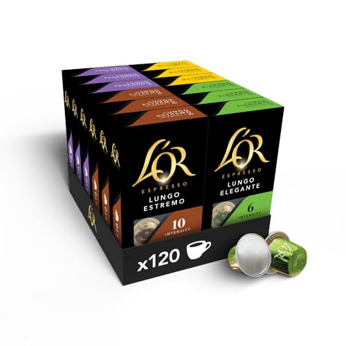 Lungo Surtido de Cápsulas de Café 4 sabores | Intensidades 5 a 10 | 120 Cápsulas Compatibles Nespresso (R)*