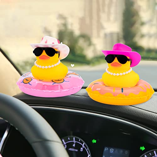 2PCS Rubber Duck Car Decorations - Pink Queen Ducks With Crown & Sunglasses Dashboard Ornaments