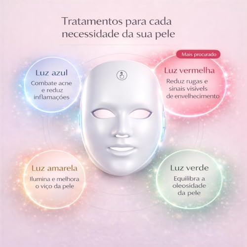 Máscara LED Facial 7 Cores 90 LEDs Sem Fio USB Recarregável Premium | Sem Fio, USB Recarregável, Premium