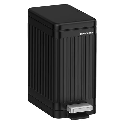 SONGMICS LTB562B01 Poubelle de salle de bain, 10 litres, avec couvercle, à pédale, petite, étroite pour petits espaces, acier, fermeture en douceur, noir d'encre
