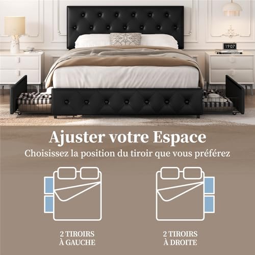 Yaheetech Bed Frame with Upholstered Headboard, Adjustable Height 140 x 200 cm, Beds Chests with Drawers, Slatted Base Double Metal Legs