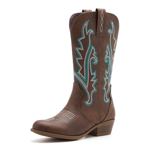 Girls Kids Western Boots Embroidered Cowgirl Cowboy Boots Girls Mid Calf Riding Shoes Little Kid/Big Kid