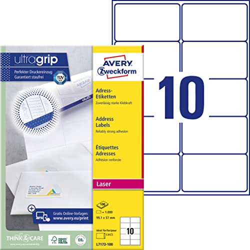 AVERY Zweckform L7173-100 Adressetiketten/Adressaufkleber (1.000 Etiketten mit ultragrip, 99,1x57mm auf A4, bedruckbar, selbstklebend, fuer DIN C4/C5 Briefkuverts, Papier matt) 100 Blatt, weiss