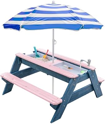 Kids 3 en 1 - Mesa de picnic convertible para exteriores con paraguas, 2 cajas de juego, parte superior desmontable, mesa de grifo para exteriores (rosa/azul marino)