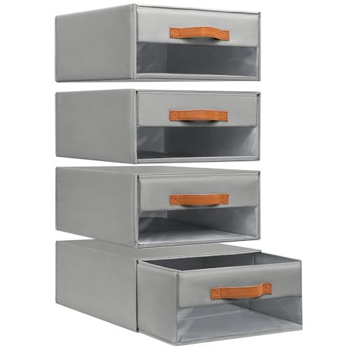 DIMJ Drawer Organiser System, Drawer Boxes, Set of 4, Storage Box, Folding Boxes with Window, 40 x 32 x 17 cm, Organiser Drawer, Wardrobe Organiser for Cupboard, Grey