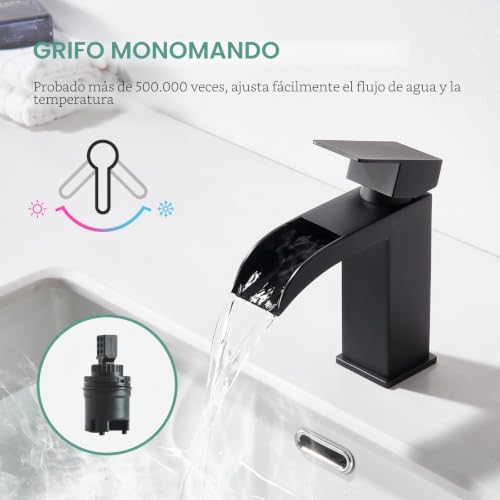 Faustina Bathroom Faucet for Rectangular Waterfall Basin and Click-Clack Drain Valve with Overflow, Bathroom Tap Mixing Dr Square with Drain Stainless Steel, Matte Black