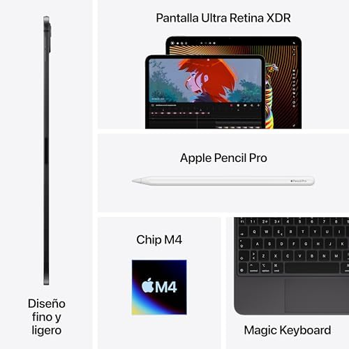 iPad Pro de 11 Pulgadas (M4): Ultra Retina XDR, 1 TB, cámara Frontal de 12 Mpx en Horizontal y Trasera de 12 Mpx, Wi-Fi 6E, autonomía de Sol a Sol, Vidrio nanotexturizado - Negro Espacial