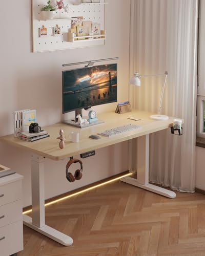 iXTRA Electric Standing Desk 140 x 60cm Height Adjustable Sit Stand up Home Office Desk with Whole Piece Desktop Computer Desk with Cable Management tray（Maple Desktop + White Frame）