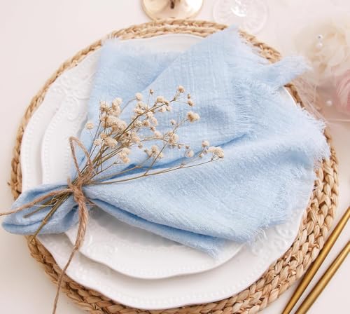 12 Pieces Cloth Napkins with Fringe, Gauze Washable Fall Napkins for Wedding Decorative Dinner Parties Home Table Decorations (42 * 42cm, Light Blue)
