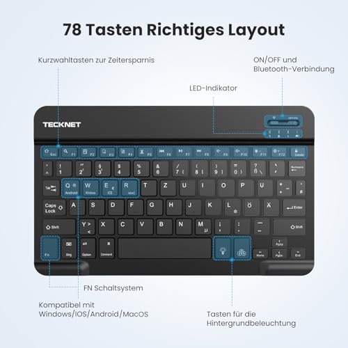 TECKNET German Bluetooth Keyboard for Tablet/iPad Mini/Pro/Air/10.2/10.9/iPhone/Android/Windows, iPad Keyboard with Lighting, Rechargeable, Portable, Wireless, Ultra Thin, Black