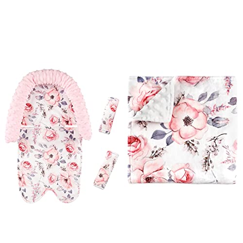 Baby Car Seat Headrest and Strap Cover, Baby Blanket for Girls, Pink Floral