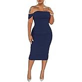 PINSV Women Ruched Off Shoulder Dress Bodycon Party Elegant Midi Dresses