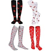 Syhood 4 Pairs Valentine‘s Day Socks Over the Knee Socks Valentine Couple Socks with Hearts Lips Pattern Casual Stockings