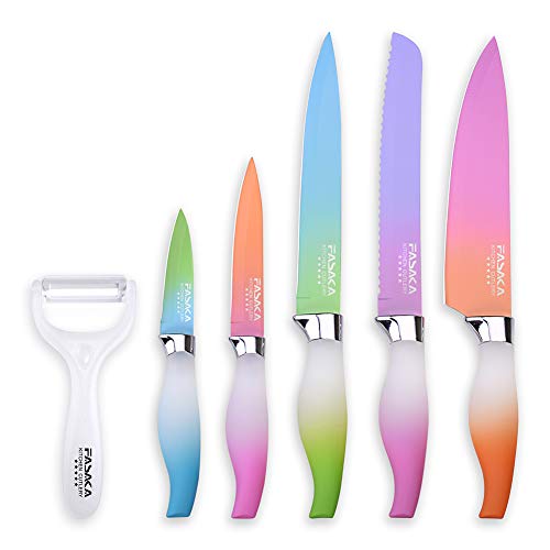 FASAKA 6 Piece Colorful Knife Set 5 Kitchen Knives with 2 Peeler