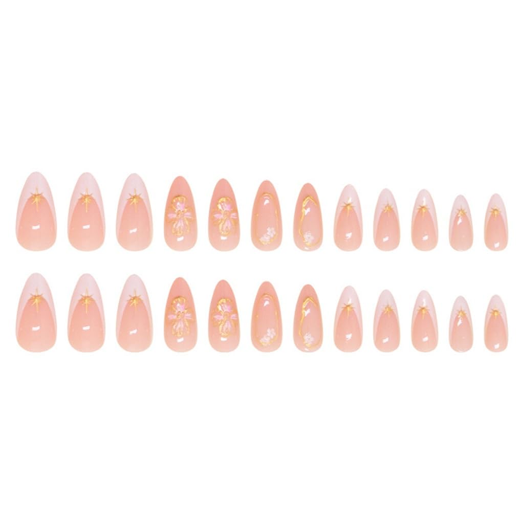 Medium Press on Nails Almond Fake Nails French Tip False Nails with Flower Design Glue on Nails Gold Stripe Full Cover Stick on Nails Elegant Artificial Acrylic Nails for Women Manicure 24Pcs - Image 5